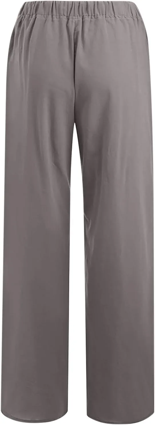 Women Trendy Linen Pants 2024 Wide Leg Causal Pants Flowy Palazzo Pants Boho Summer Vacation Outfits with Pockets