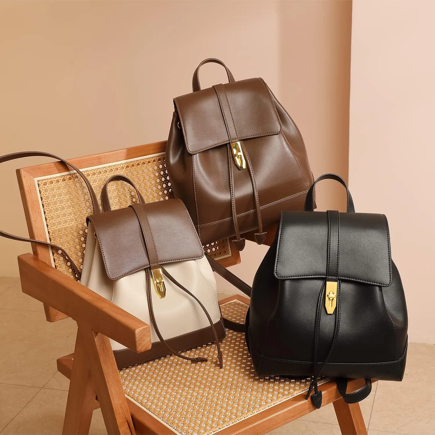 Women Vintage Double Strap Backpack Drawstring Bucket Bag Top Handle Casual Purse for Daily (White), Brown