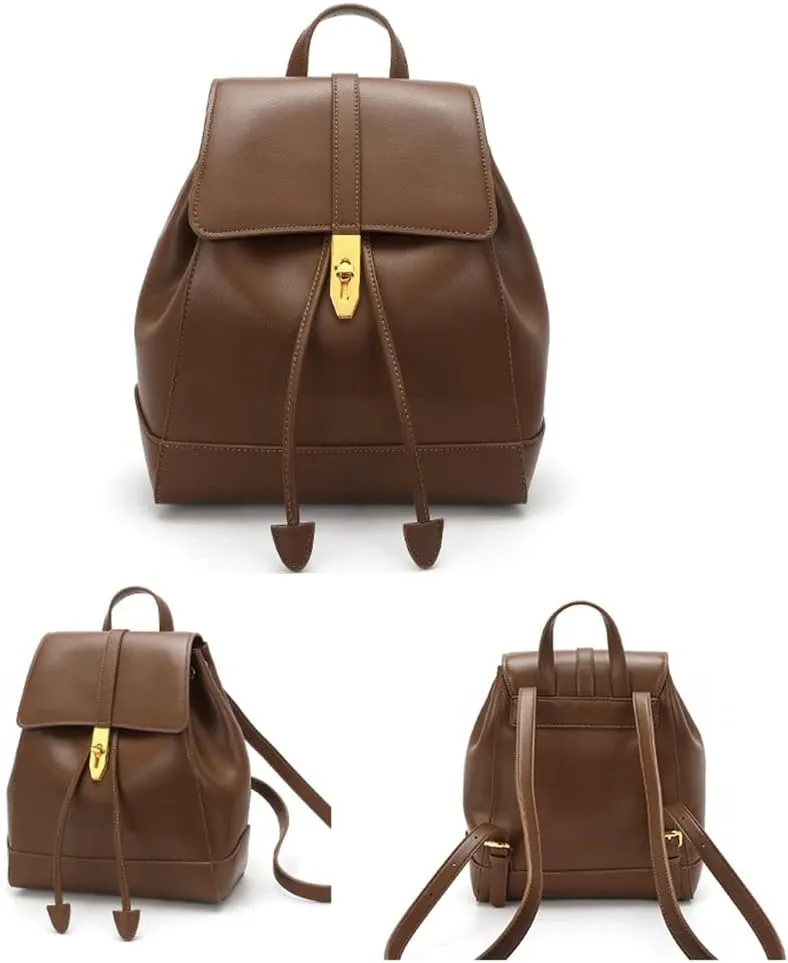 Women Vintage Double Strap Backpack Drawstring Bucket Bag Top Handle Casual Purse for Daily (White), Brown