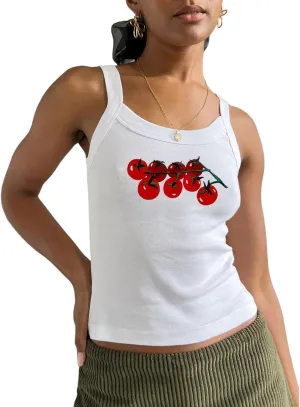 Women Vintage Graphic Tank Tops Causal Sleeveless Y2K 90s Retro Cami Shirt Summer Scoop Neck Fruit Print Camisole