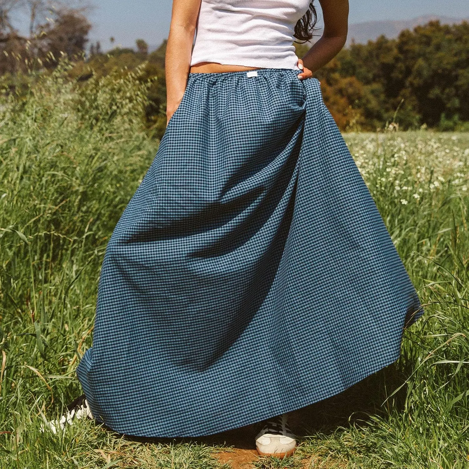 Women Vintage Plaid Maxi Skirt Elastic Waist Low Rise Gingham A Line Long Skirt Y2K Retro Swing Flowy Skirt Beachwear