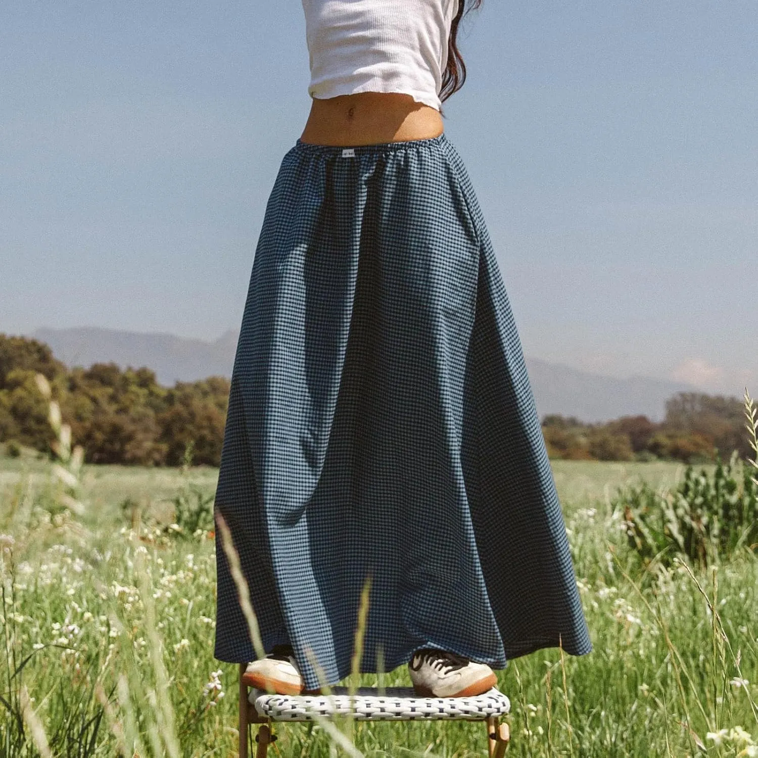 Women Vintage Plaid Maxi Skirt Elastic Waist Low Rise Gingham A Line Long Skirt Y2K Retro Swing Flowy Skirt Beachwear
