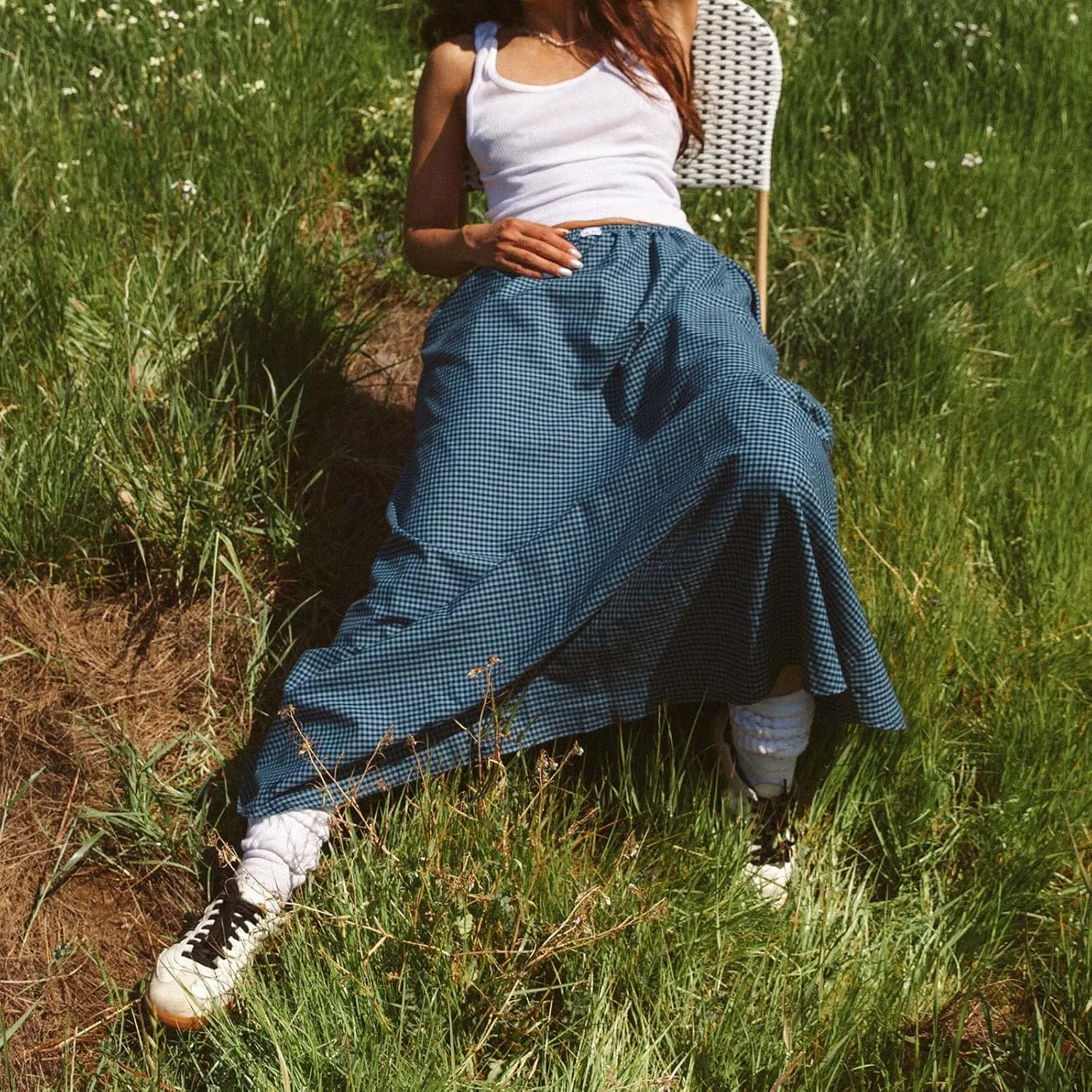Women Vintage Plaid Maxi Skirt Elastic Waist Low Rise Gingham A Line Long Skirt Y2K Retro Swing Flowy Skirt Beachwear