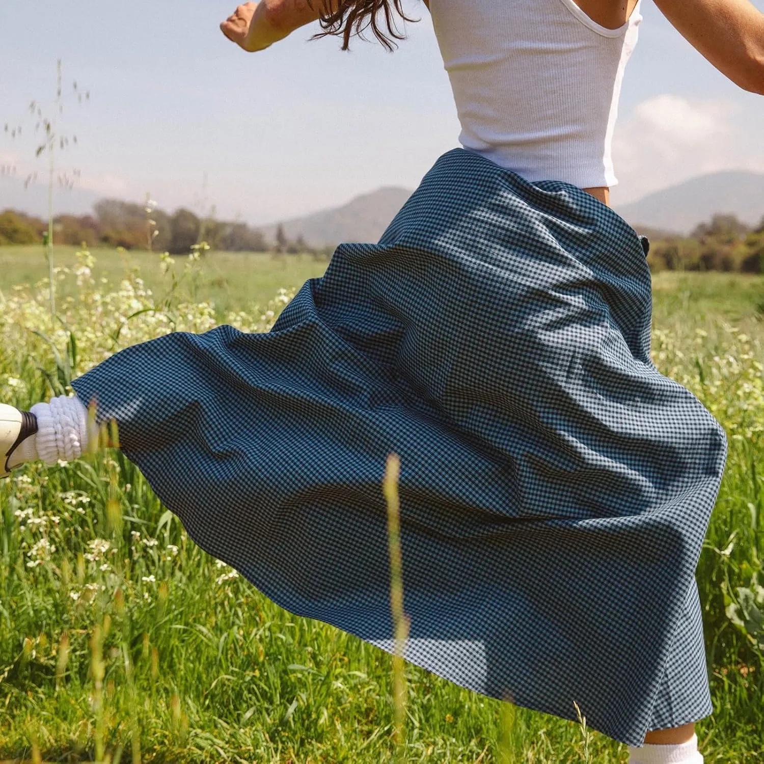 Women Vintage Plaid Maxi Skirt Elastic Waist Low Rise Gingham A Line Long Skirt Y2K Retro Swing Flowy Skirt Beachwear