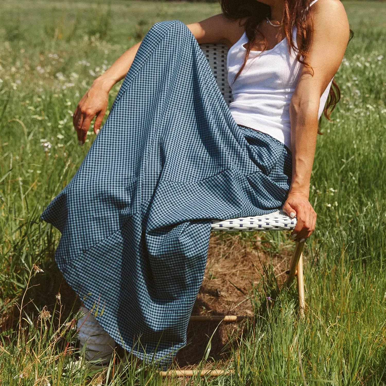 Women Vintage Plaid Maxi Skirt Elastic Waist Low Rise Gingham A Line Long Skirt Y2K Retro Swing Flowy Skirt Beachwear