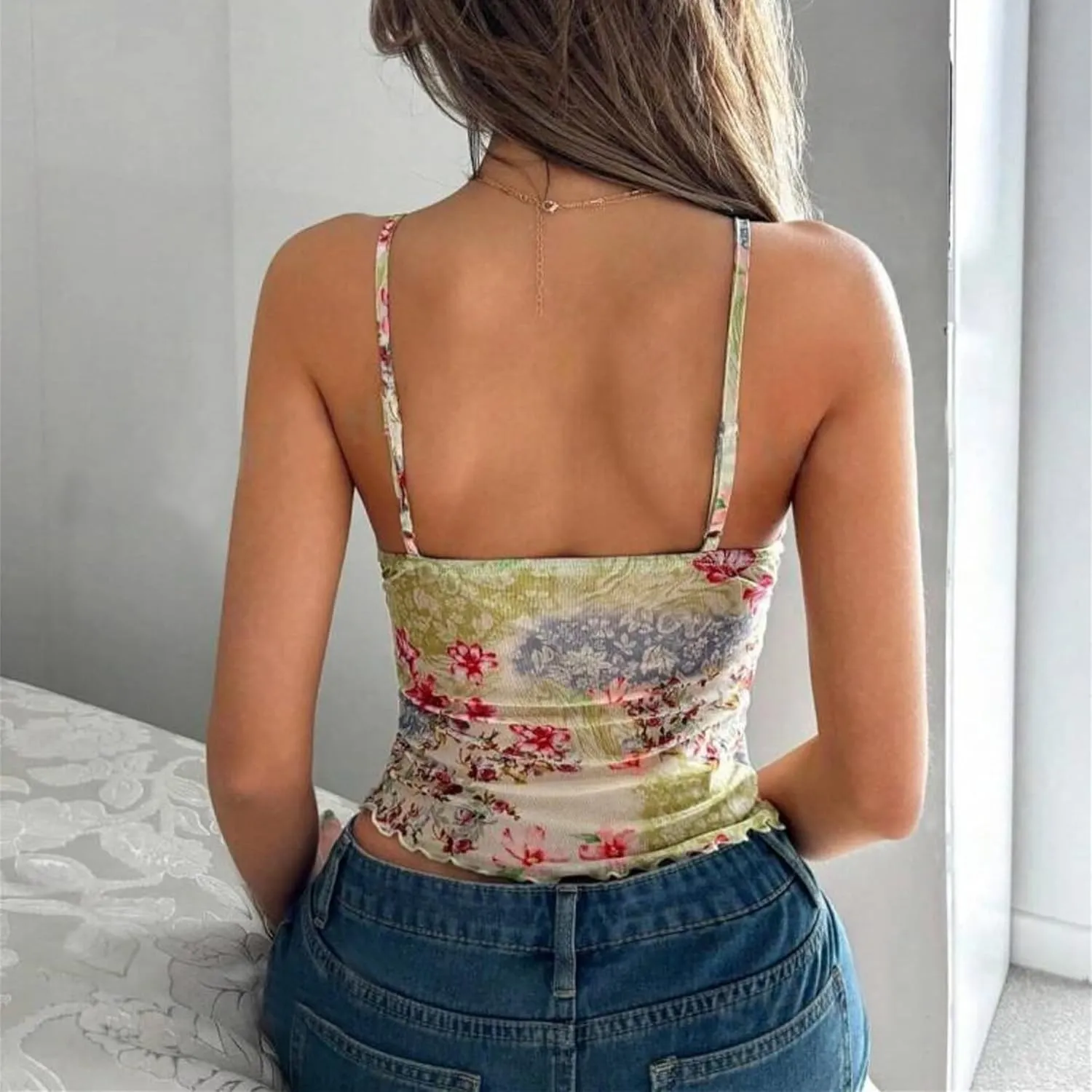 Women Y2k Floral Tank Cami Top V Neck Mesh Spaghetti Strap Ruffle Layered Wrap Camisole Summer Going Out Streetwear
