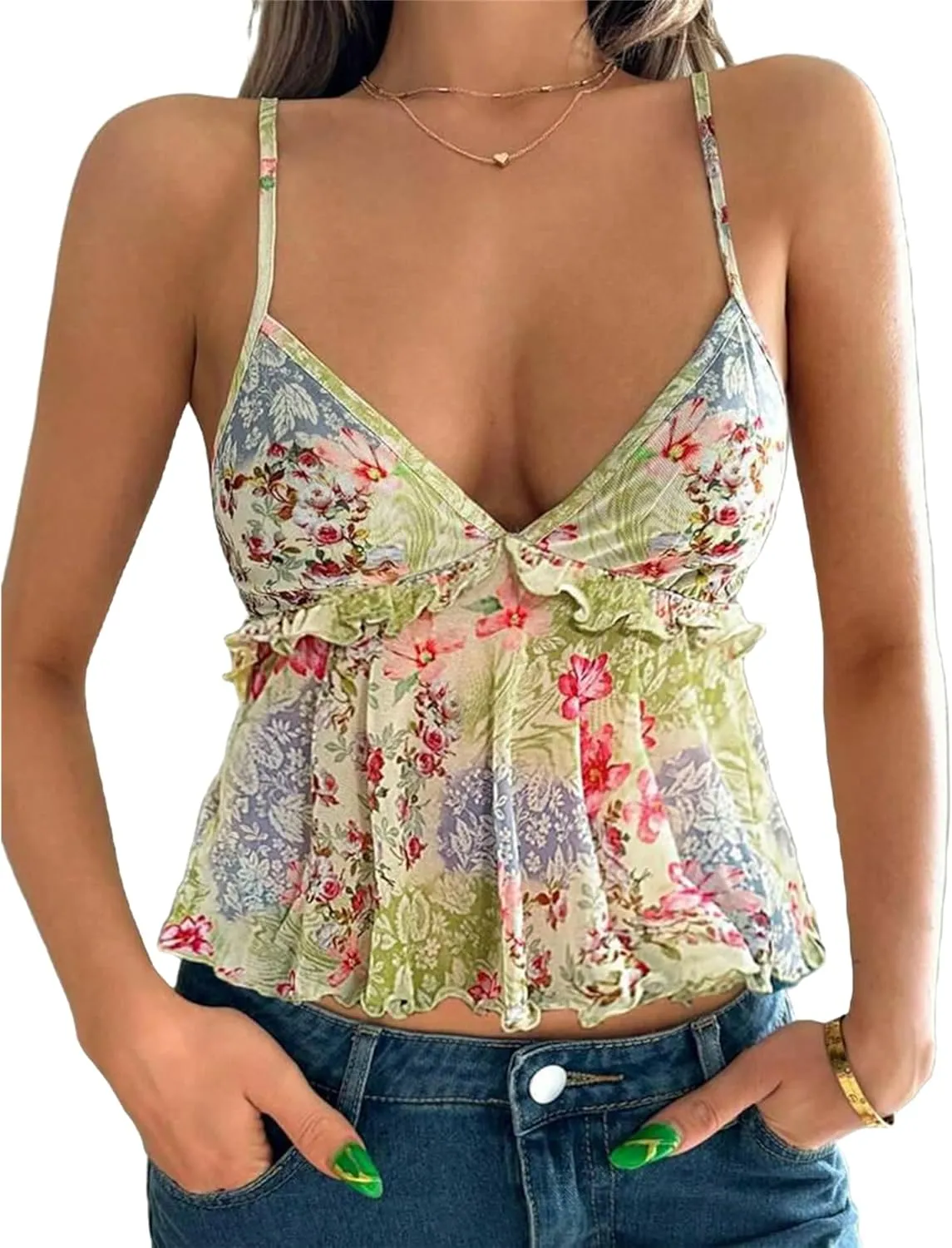 Women Y2k Floral Tank Cami Top V Neck Mesh Spaghetti Strap Ruffle Layered Wrap Camisole Summer Going Out Streetwear