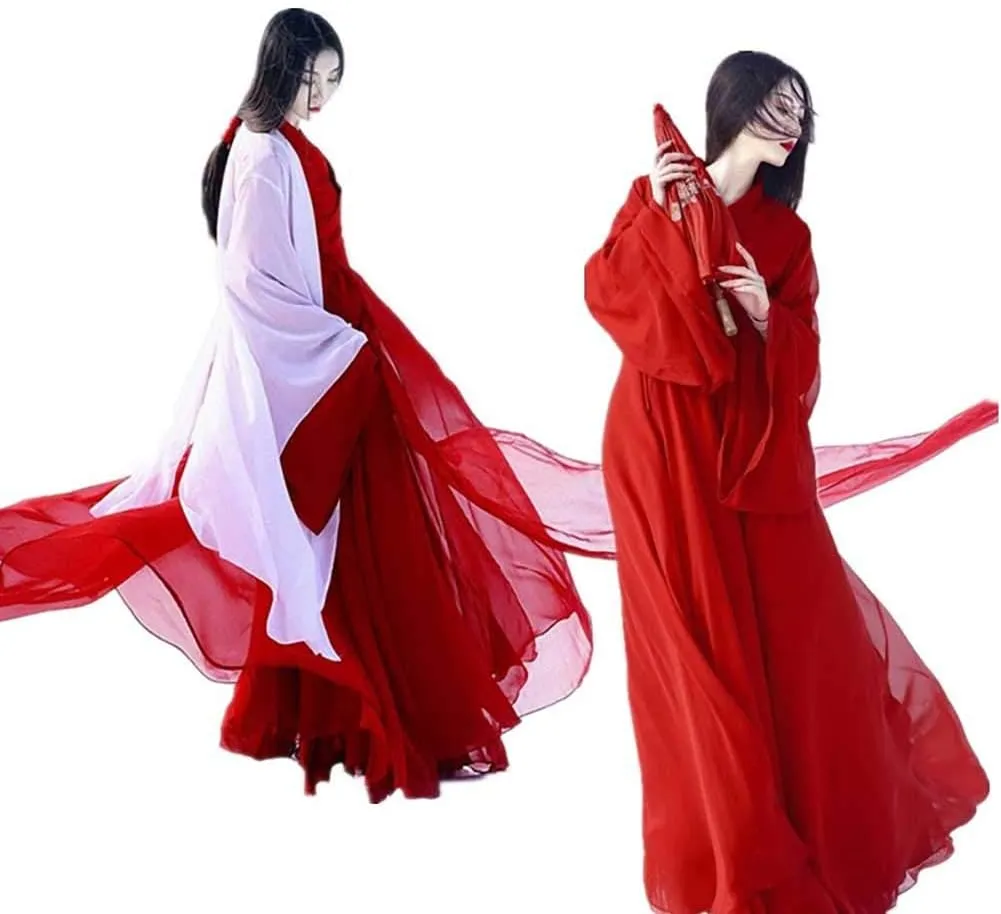Women's Ancient Traditional Chinese Costume Half Sleeve Embroidery Hanfu Top High Waist Swing Skirt Outfit