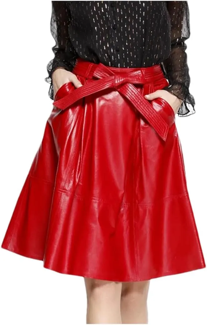 Womens Autumn Winter Leather Midi Skirt Loose High Waist Bow Belt Retro Red Pleated A-Line Skirt