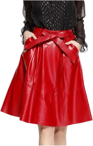 Womens Autumn Winter Leather Midi Skirt Loose High Waist Bow Belt Retro Red Pleated A-Line Skirt