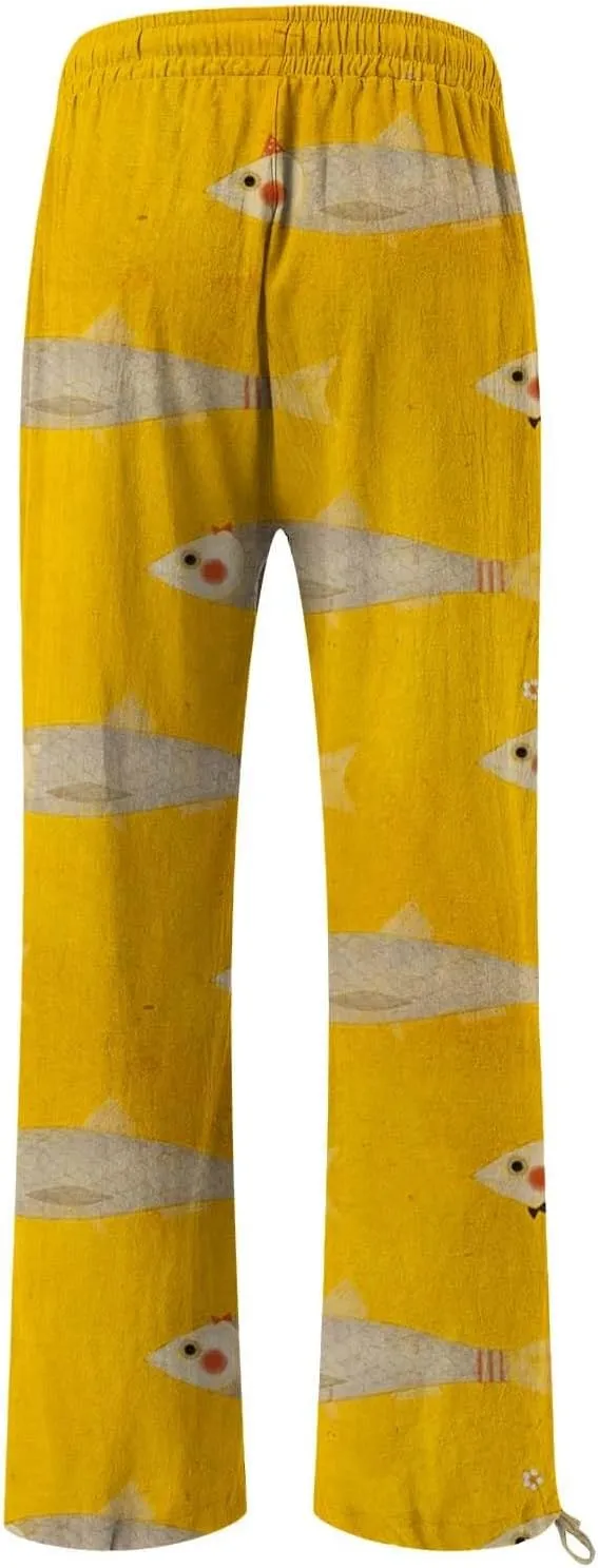 Women's Boho Floral Pants Linen Palazzo Wide Leg Lounge Pant Casual Yoga Flowy High Waist Trousers with Pockets
