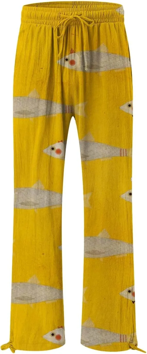 Women's Boho Floral Pants Linen Palazzo Wide Leg Lounge Pant Casual Yoga Flowy High Waist Trousers with Pockets