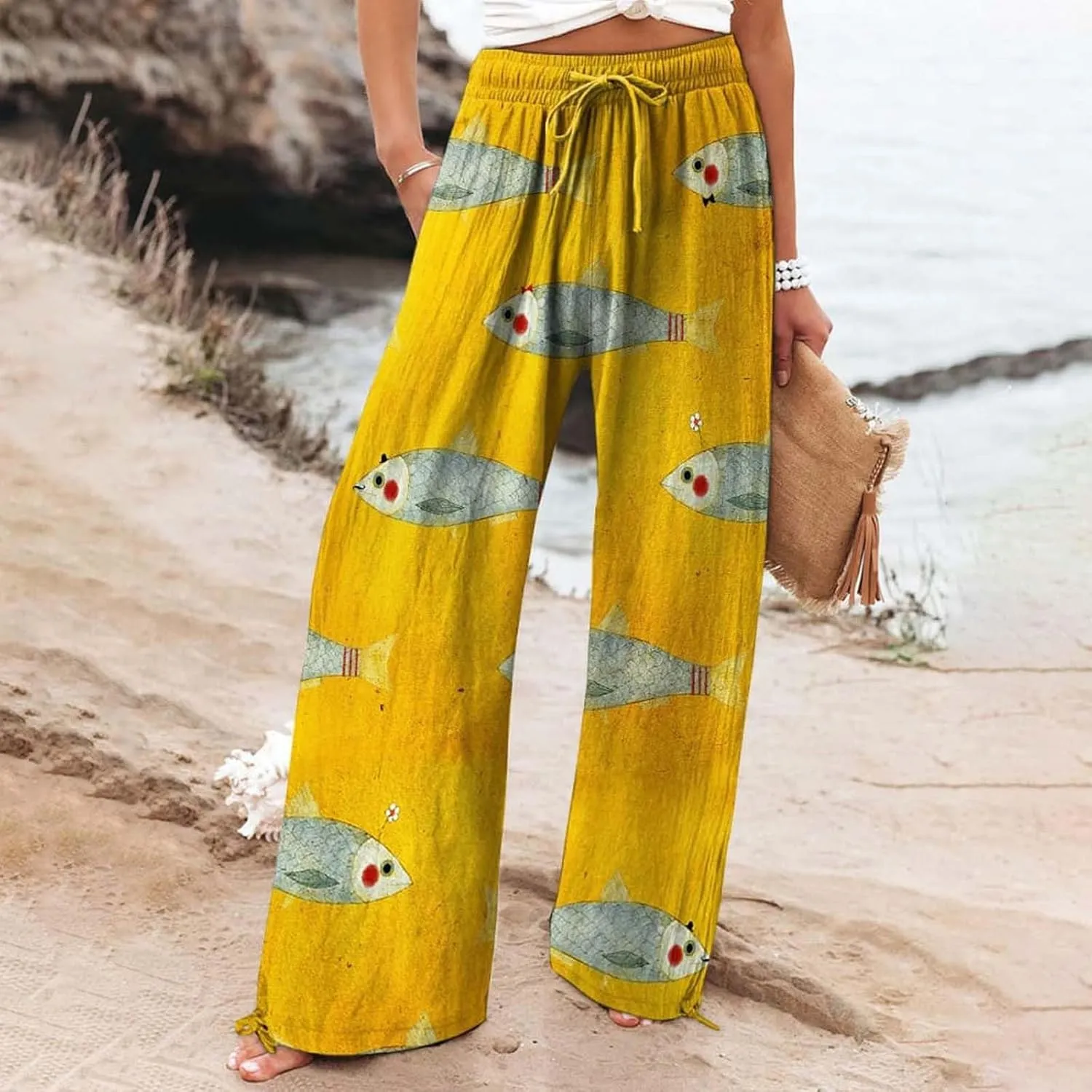 Women's Boho Floral Pants Linen Palazzo Wide Leg Lounge Pant Casual Yoga Flowy High Waist Trousers with Pockets