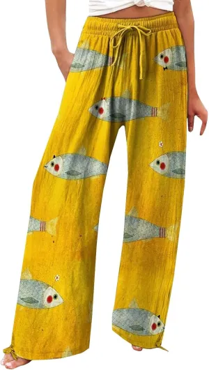 Women's Boho Floral Pants Linen Palazzo Wide Leg Lounge Pant Casual Yoga Flowy High Waist Trousers with Pockets