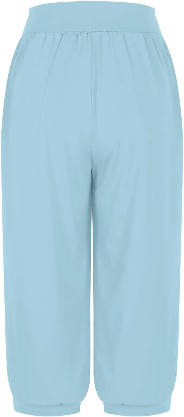 Womens Capri Pant 2024 Summer Fashion High Waisted Elastic Lounge Pant Solid Cropped Button-On Pockets Pants