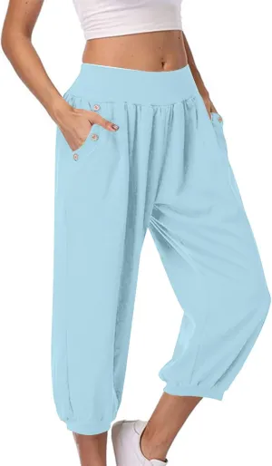 Womens Capri Pant 2024 Summer Fashion High Waisted Elastic Lounge Pant Solid Cropped Button-On Pockets Pants