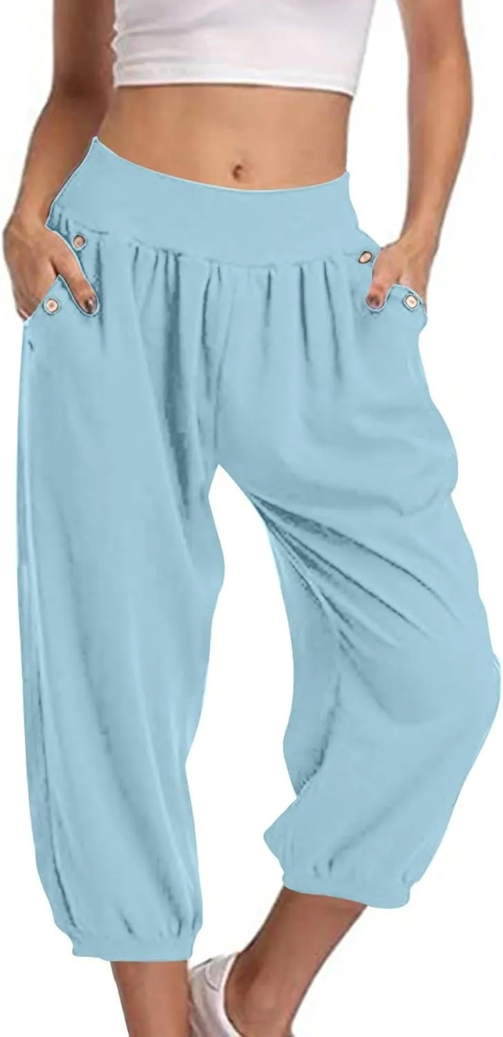 Womens Capri Pant 2024 Summer Fashion High Waisted Elastic Lounge Pant Solid Cropped Button-On Pockets Pants