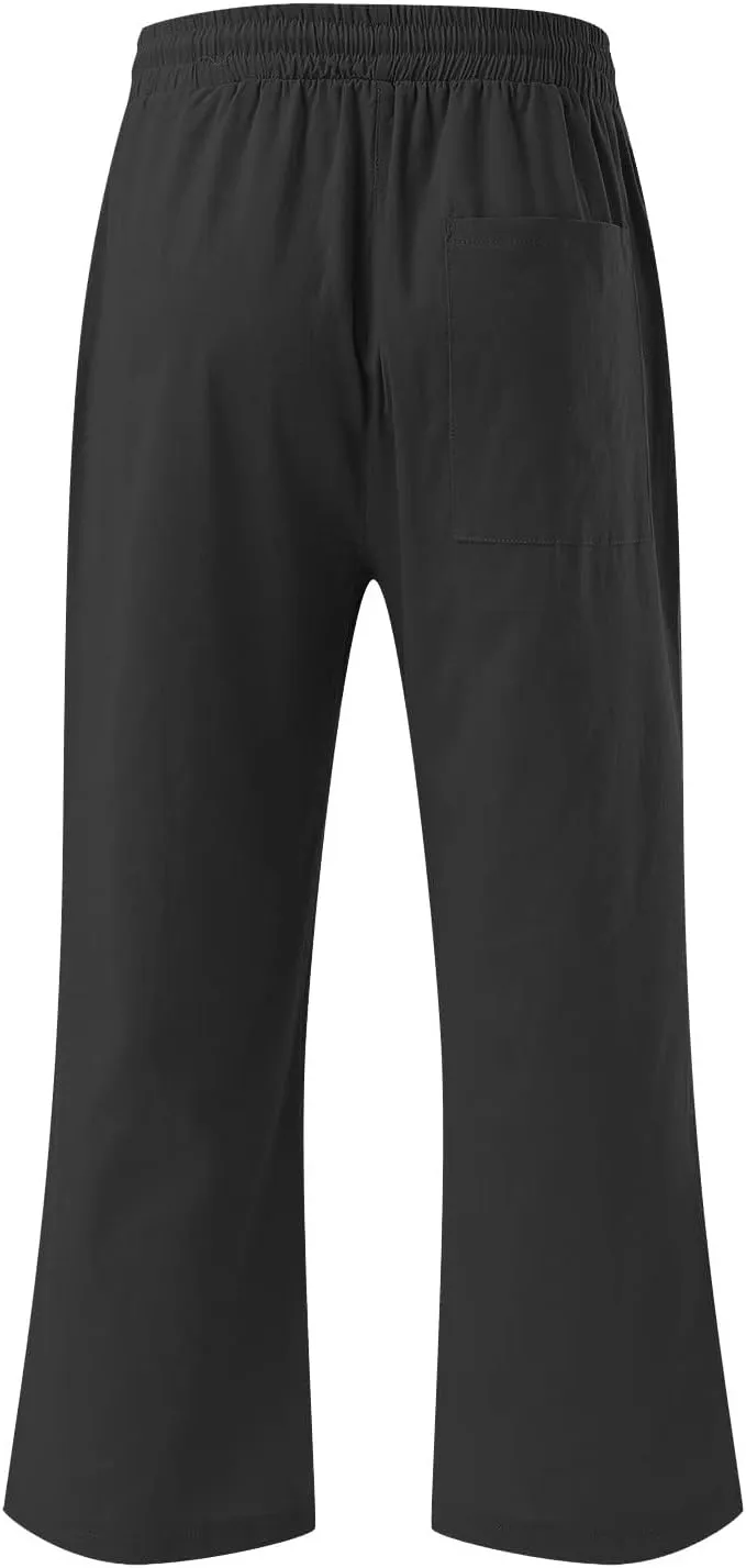Womens Capri Pants Summer Cotton Linen Casual Pants Elastic Waist Beach Vacation Lounge Cropped Pants with Pockets