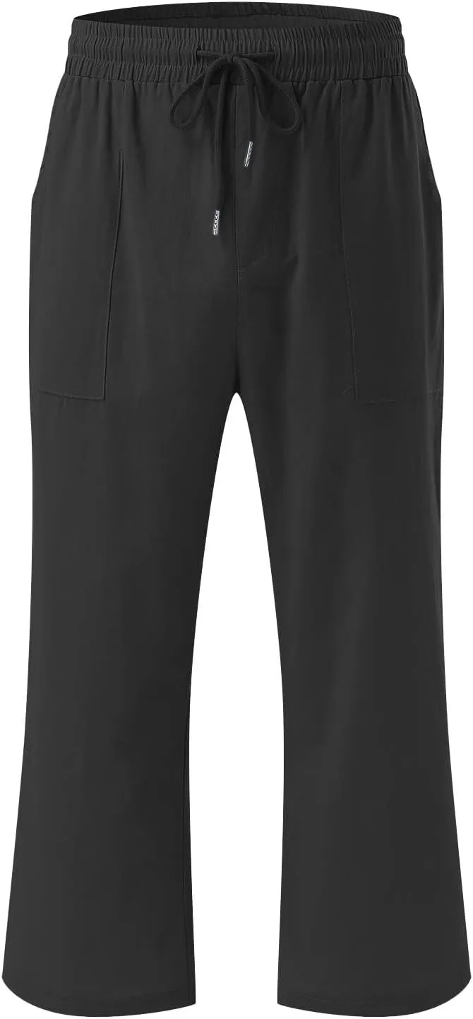 Womens Capri Pants Summer Cotton Linen Casual Pants Elastic Waist Beach Vacation Lounge Cropped Pants with Pockets