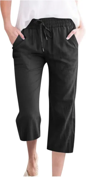 Womens Capri Pants Summer Cotton Linen Casual Pants Elastic Waist Beach Vacation Lounge Cropped Pants with Pockets