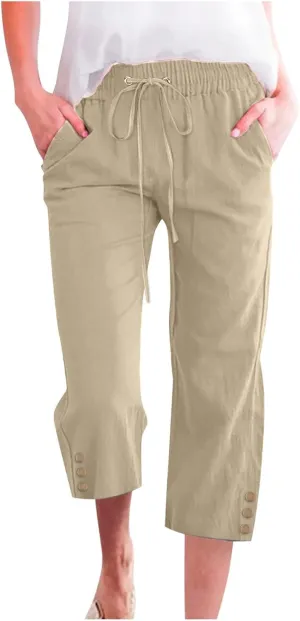 Womens Capri Pants Summer Trendy Casual Cropped Trouser with Pockets Elastic Waist Straight Wide Leg with Buttons