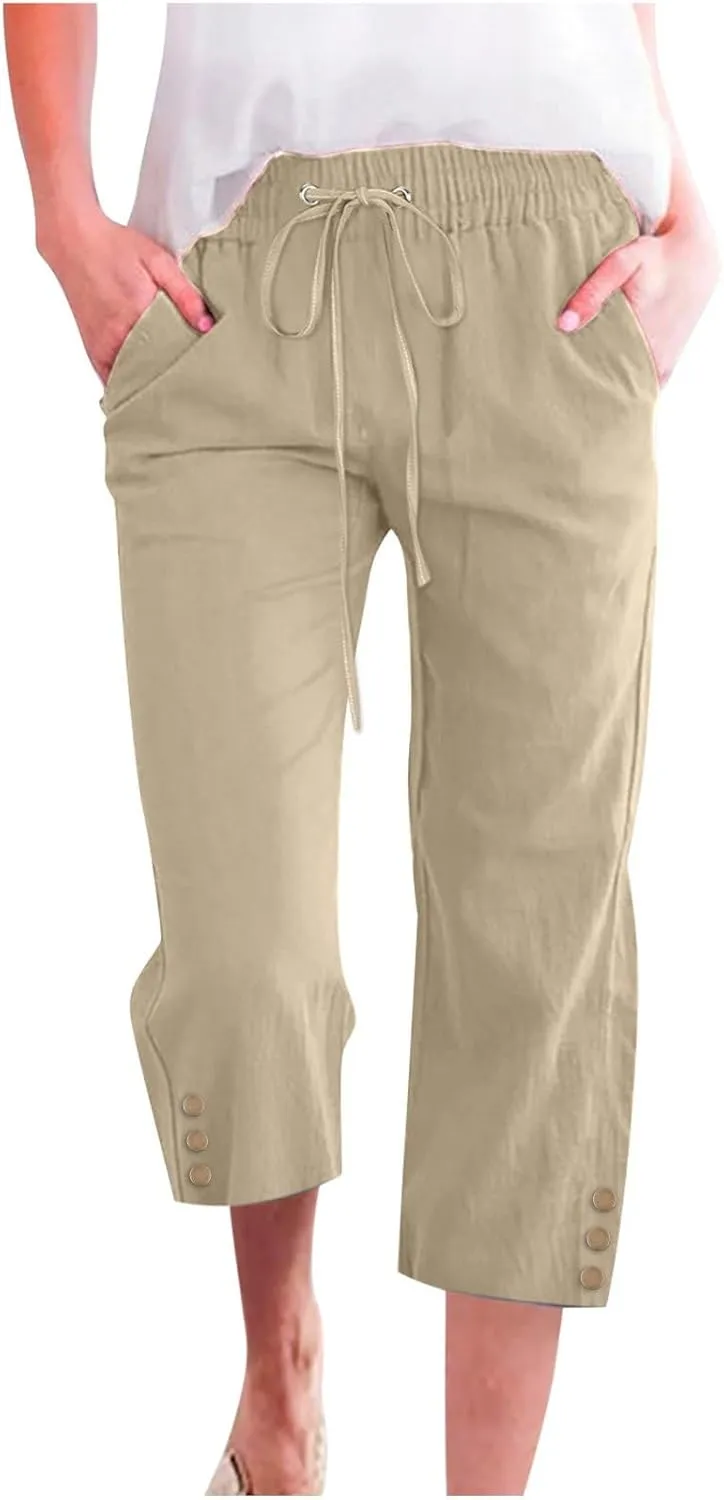 Womens Capri Pants Summer Trendy Casual Cropped Trouser with Pockets Elastic Waist Straight Wide Leg with Buttons