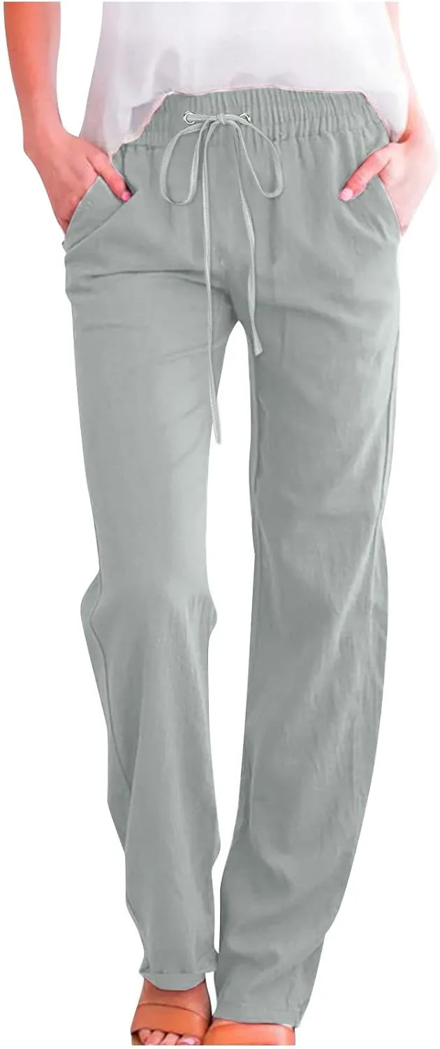 Women's Casual Cotton Linen Pants Lightweight Summer Elastic Waist Straight Leg Lounge Long Trousers with Pockets