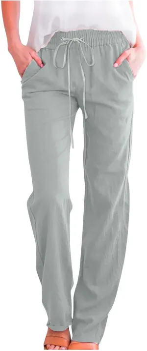 Women's Casual Cotton Linen Pants Lightweight Summer Elastic Waist Straight Leg Lounge Long Trousers with Pockets