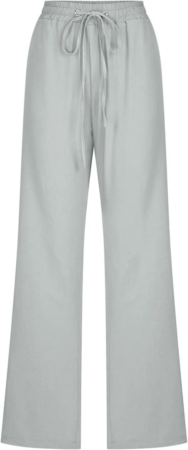 Women's Casual Cotton Linen Pants Lightweight Summer Elastic Waist Straight Leg Lounge Long Trousers with Pockets
