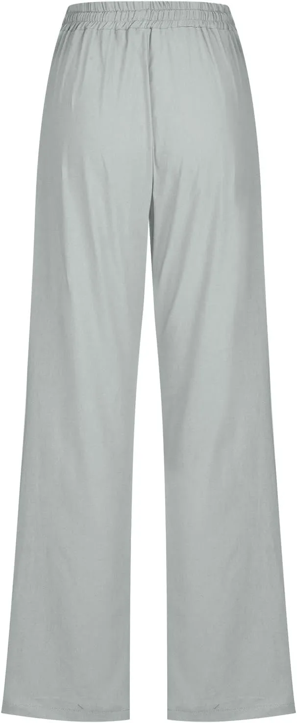 Women's Casual Cotton Linen Pants Lightweight Summer Elastic Waist Straight Leg Lounge Long Trousers with Pockets