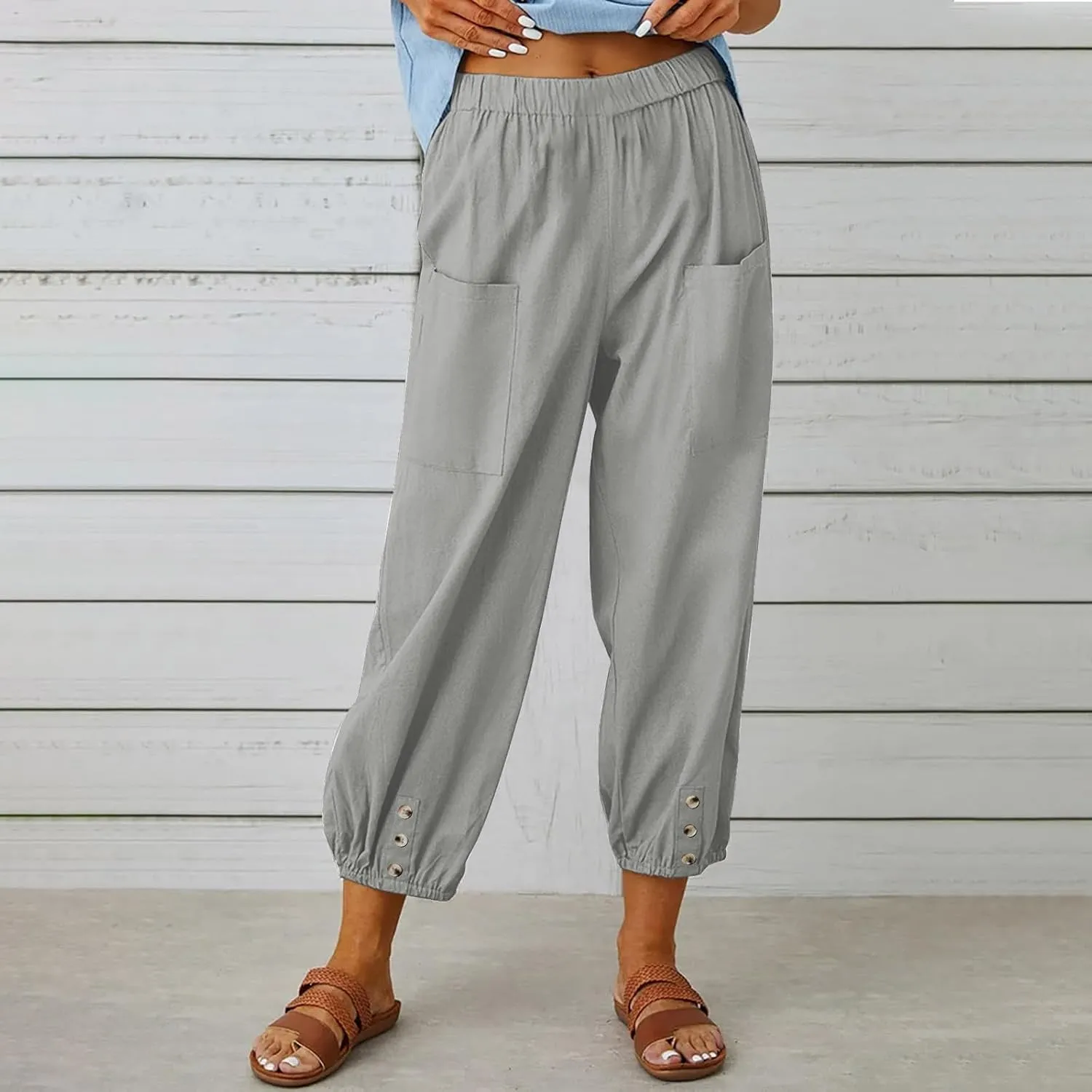 Women's Casual Lantern Tapered Harem Pants High Waist Baggy Cotton Linen Pants Summer Ankle Trousers with Pockets