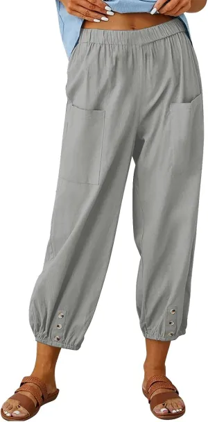 Women's Casual Lantern Tapered Harem Pants High Waist Baggy Cotton Linen Pants Summer Ankle Trousers with Pockets