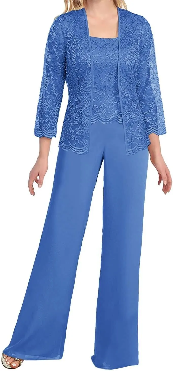 Women's Chiffon Lace Mother of The Bride Pants Suits 3 Pieces Evening Formal Dress Outfit Prom Wedding Party Gowns