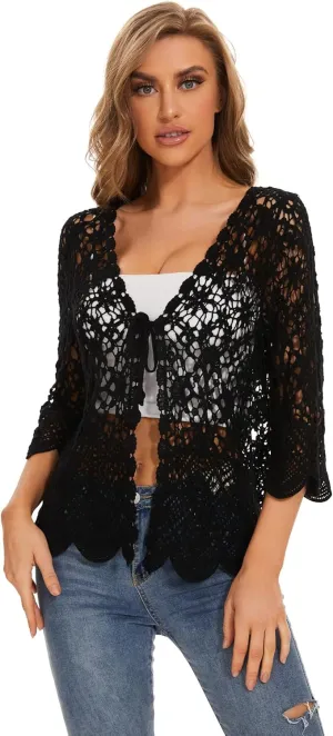 Women's Cotton Casual Floral Lace Crochet 3/4 Sleeve Cardigan Boho Cover Up