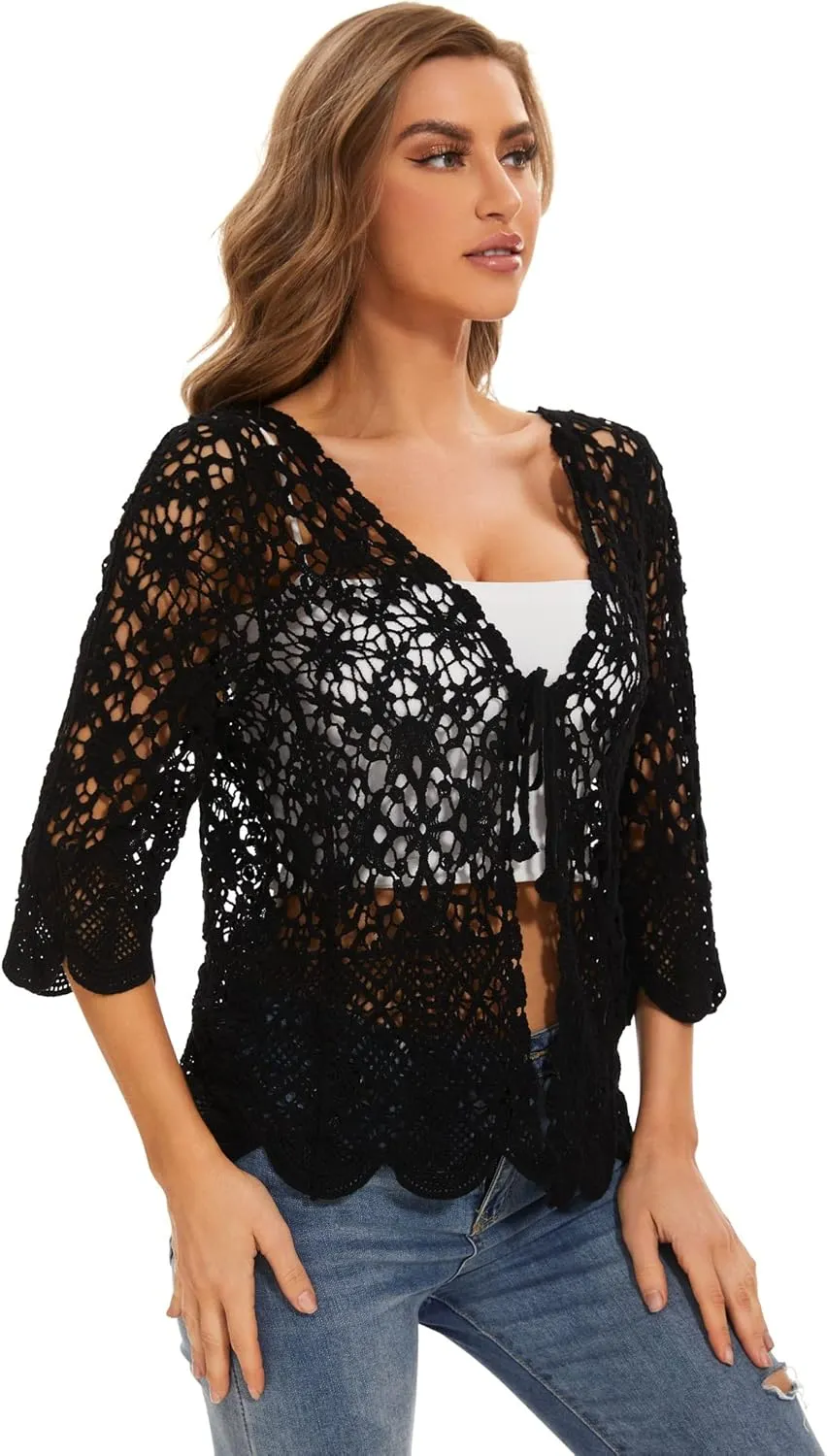 Women's Cotton Casual Floral Lace Crochet 3/4 Sleeve Cardigan Boho Cover Up