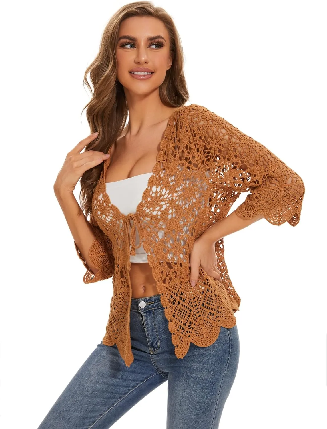 Women's Cotton Casual Floral Lace Crochet 3/4 Sleeve Cardigan Boho Cover Up