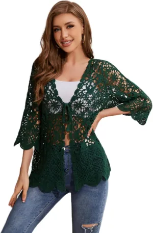Women's Cotton Casual Floral Lace Crochet 3/4 Sleeve Cardigan Boho Cover Up