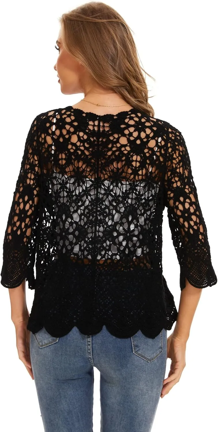 Women's Cotton Casual Floral Lace Crochet 3/4 Sleeve Cardigan Boho Cover Up