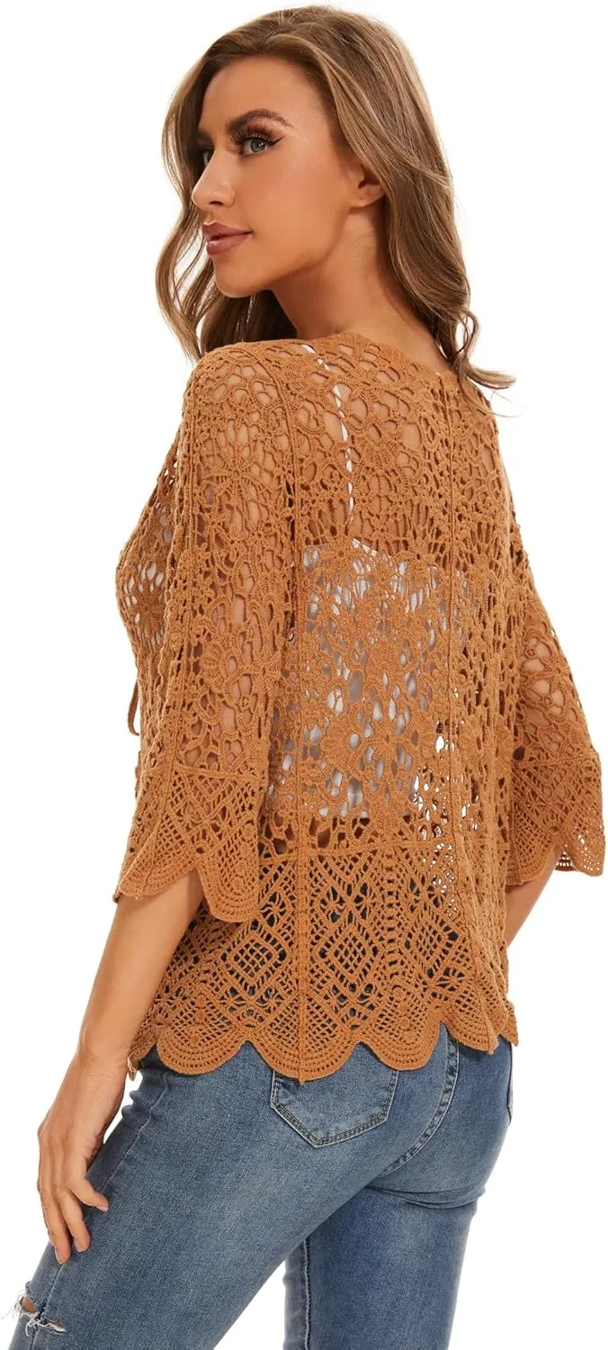 Women's Cotton Casual Floral Lace Crochet 3/4 Sleeve Cardigan Boho Cover Up