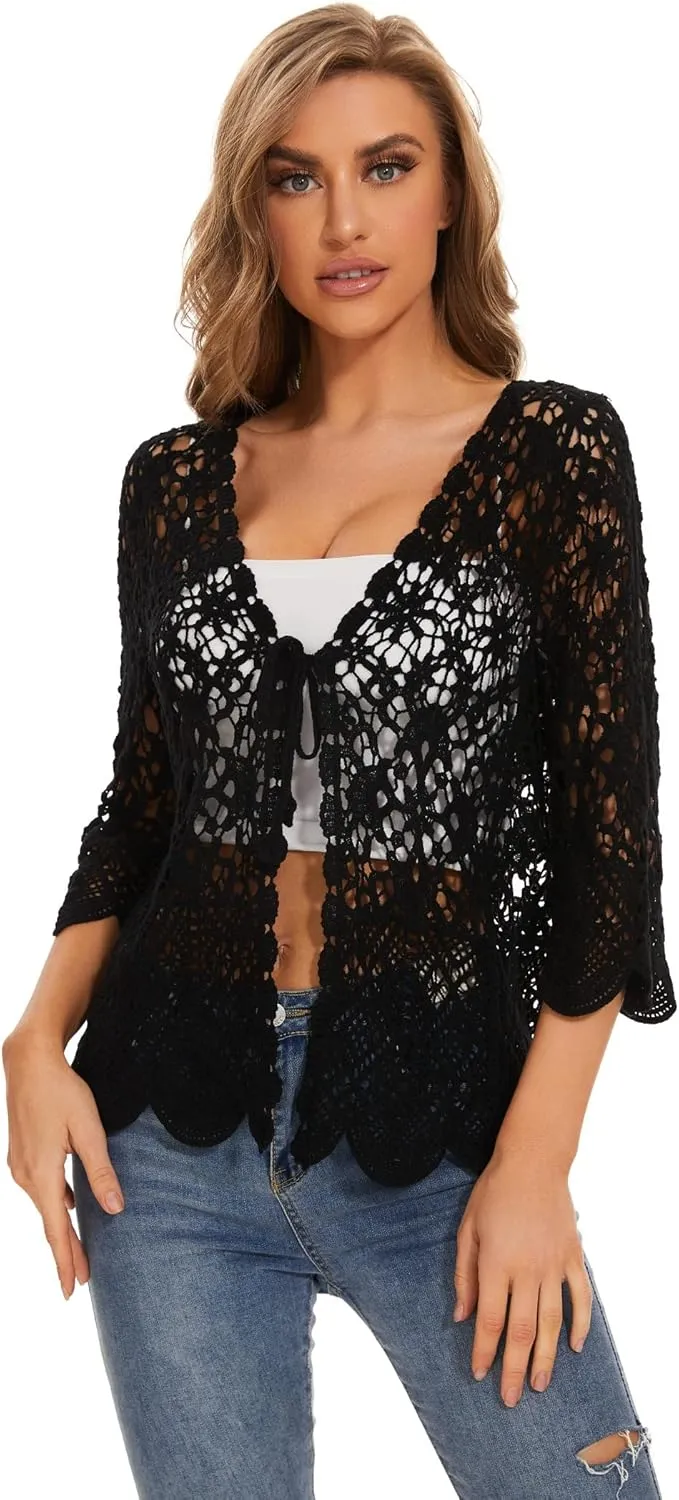 Women's Cotton Casual Floral Lace Crochet 3/4 Sleeve Cardigan Boho Cover Up