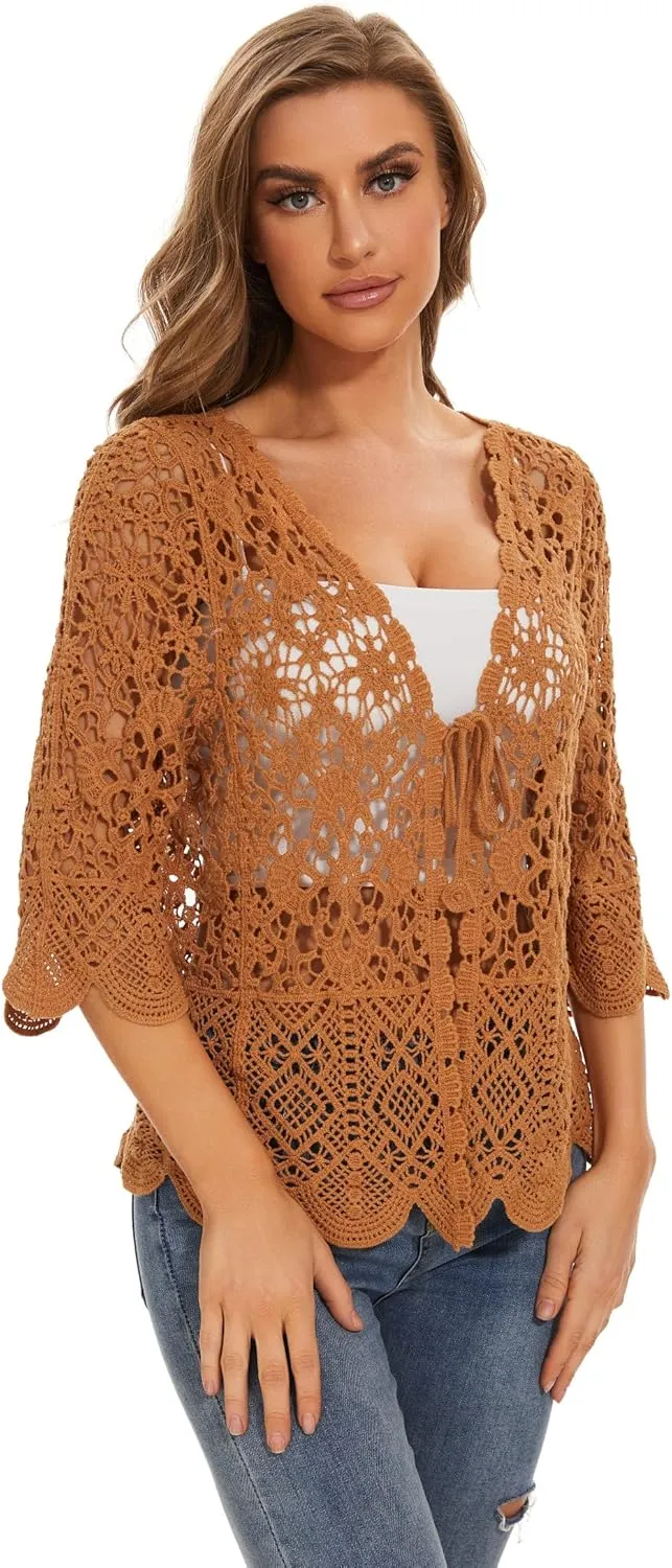 Women's Cotton Casual Floral Lace Crochet 3/4 Sleeve Cardigan Boho Cover Up