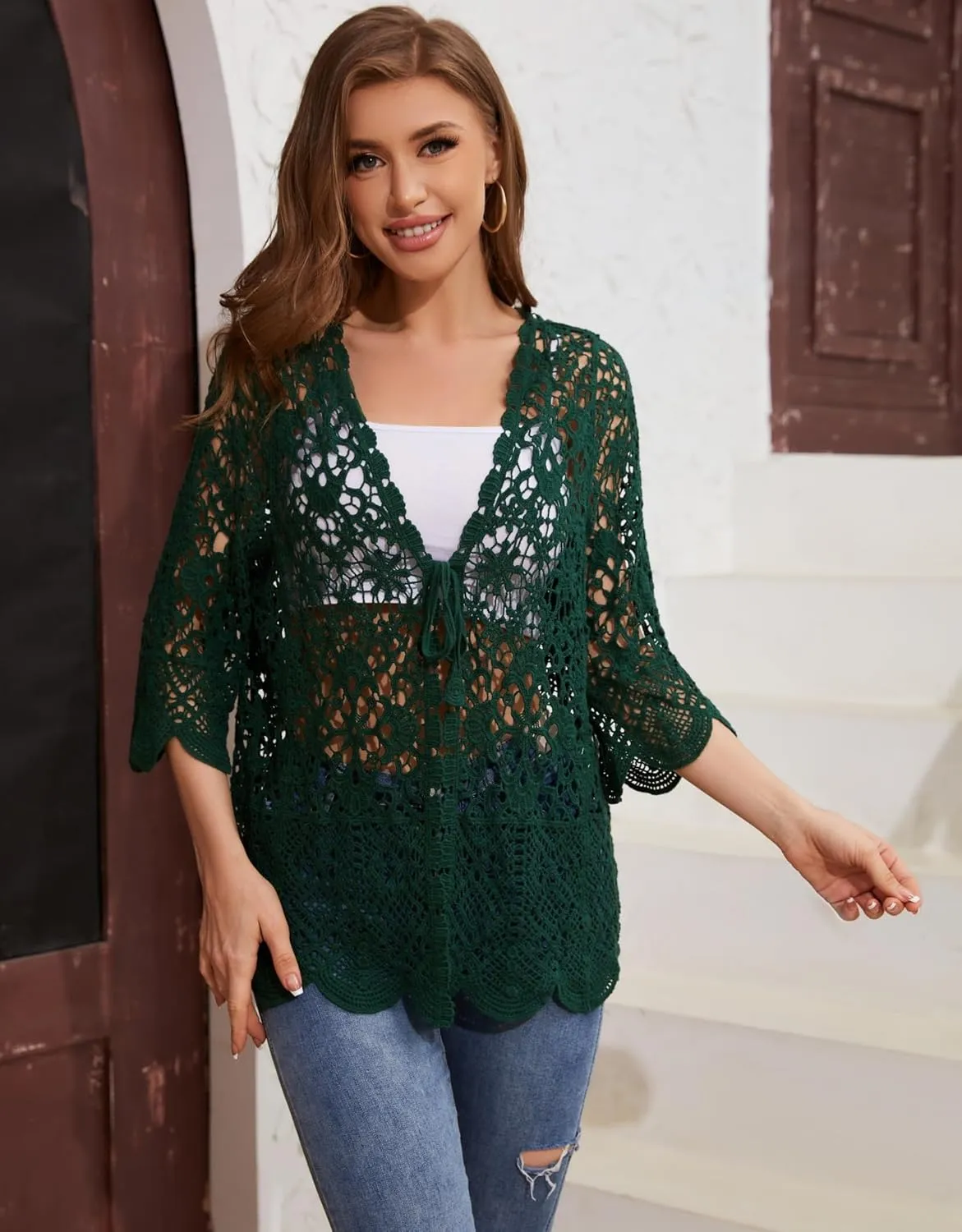 Women's Cotton Casual Floral Lace Crochet 3/4 Sleeve Cardigan Boho Cover Up