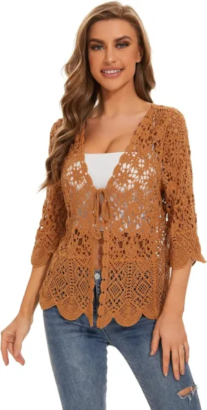 Women's Cotton Casual Floral Lace Crochet 3/4 Sleeve Cardigan Boho Cover Up