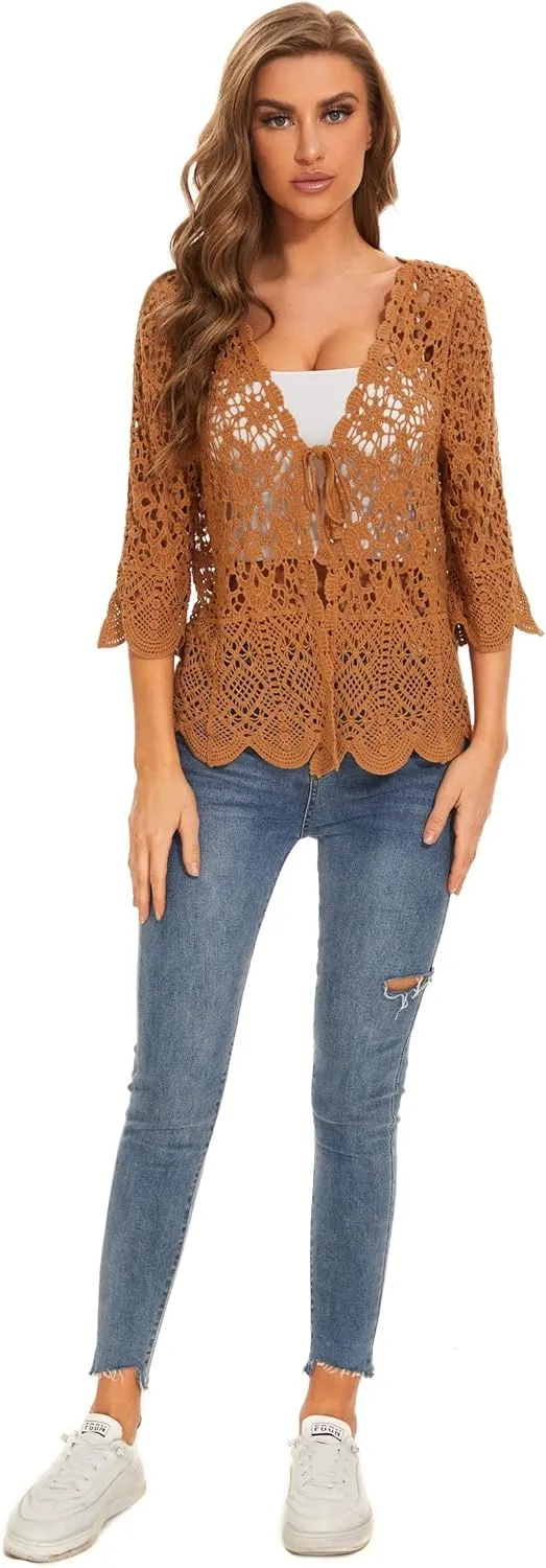 Women's Cotton Casual Floral Lace Crochet 3/4 Sleeve Cardigan Boho Cover Up