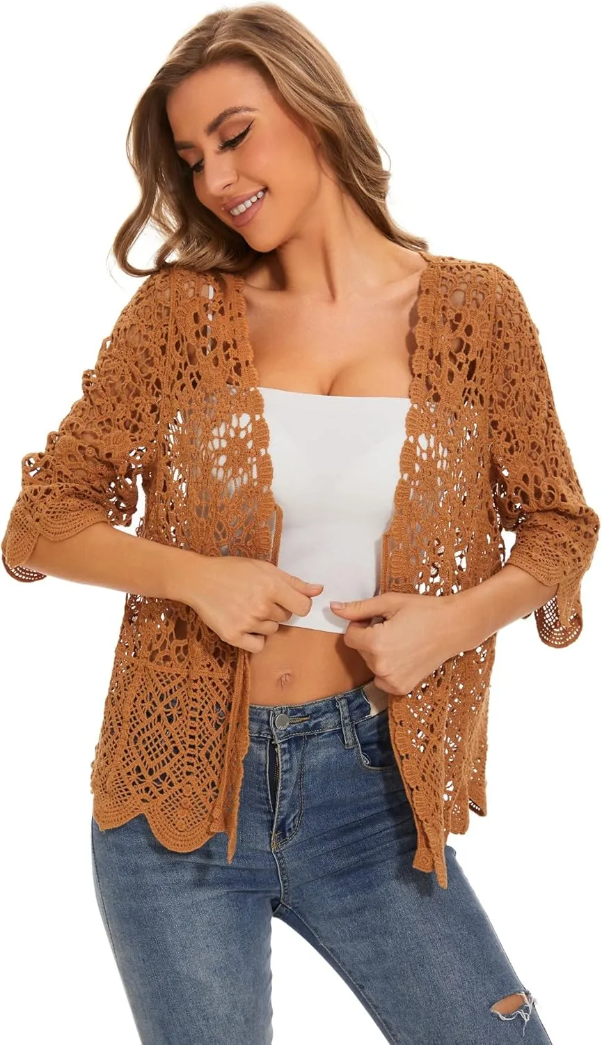 Women's Cotton Casual Floral Lace Crochet 3/4 Sleeve Cardigan Boho Cover Up