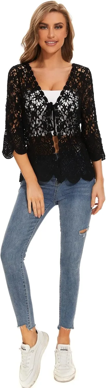 Women's Cotton Casual Floral Lace Crochet 3/4 Sleeve Cardigan Boho Cover Up