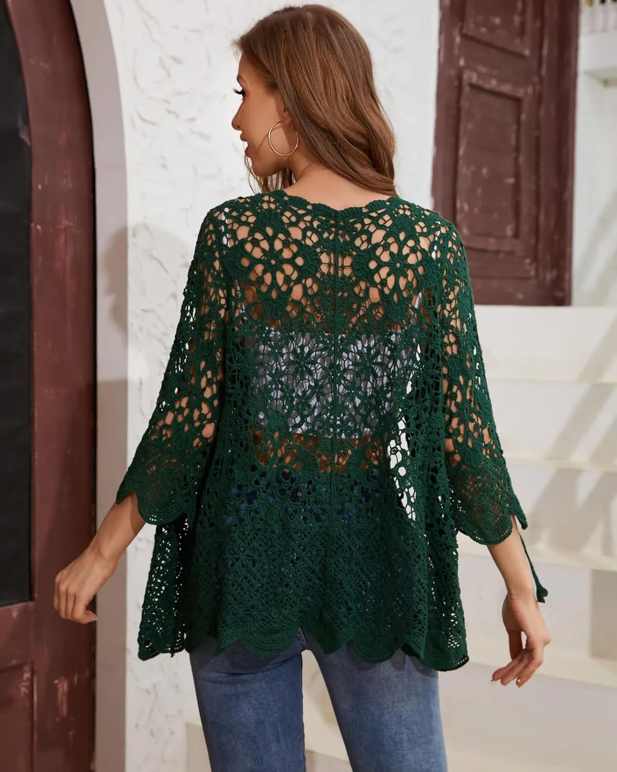 Women's Cotton Casual Floral Lace Crochet 3/4 Sleeve Cardigan Boho Cover Up
