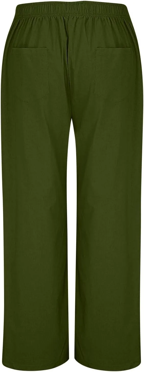 Women's Cotton Linen Palazzo Pants,High Waisted Wide Leg Lounge Trousers Summer Boho Beach Yoga Pants with Pockets