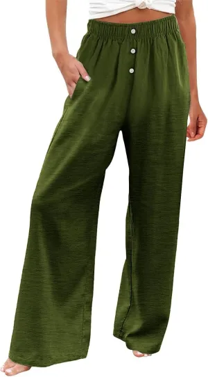 Women's Cotton Linen Palazzo Pants,High Waisted Wide Leg Lounge Trousers Summer Boho Beach Yoga Pants with Pockets