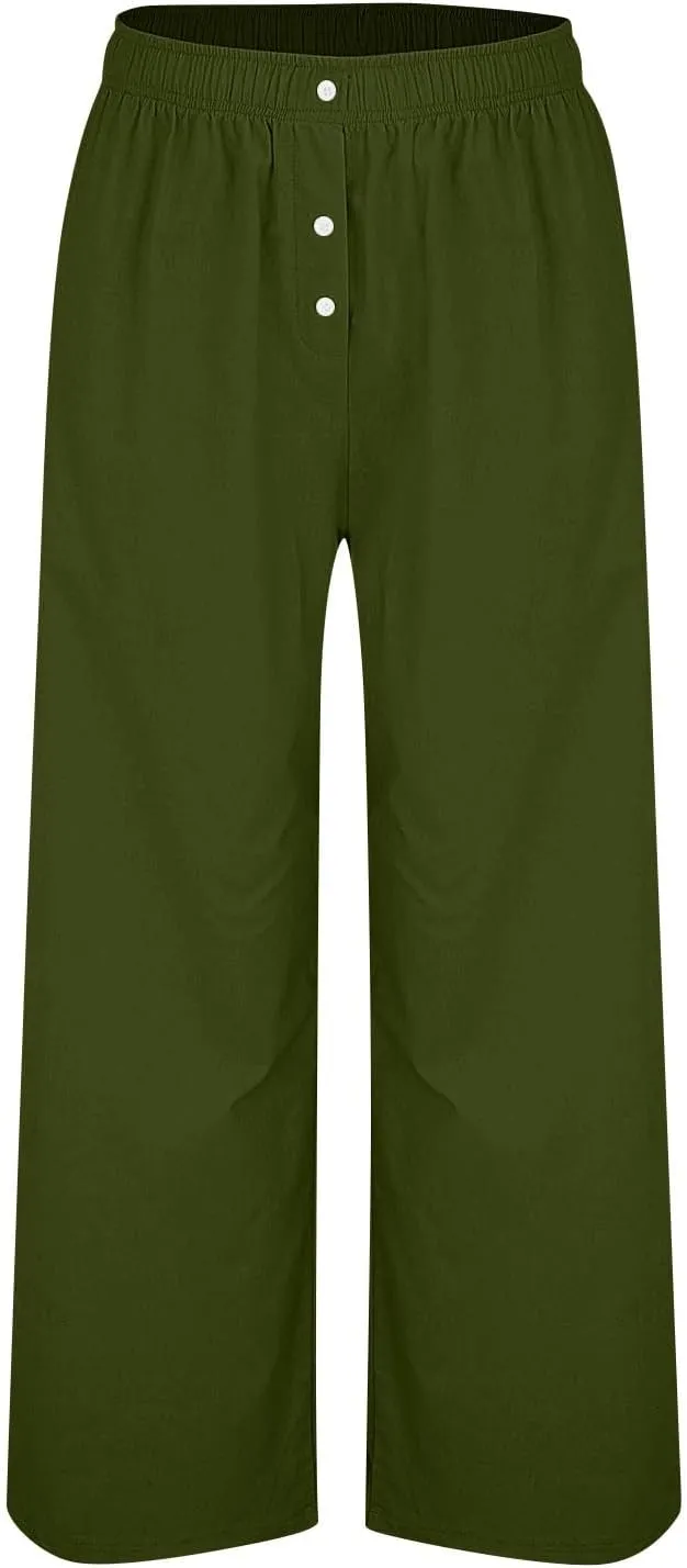 Women's Cotton Linen Palazzo Pants,High Waisted Wide Leg Lounge Trousers Summer Boho Beach Yoga Pants with Pockets